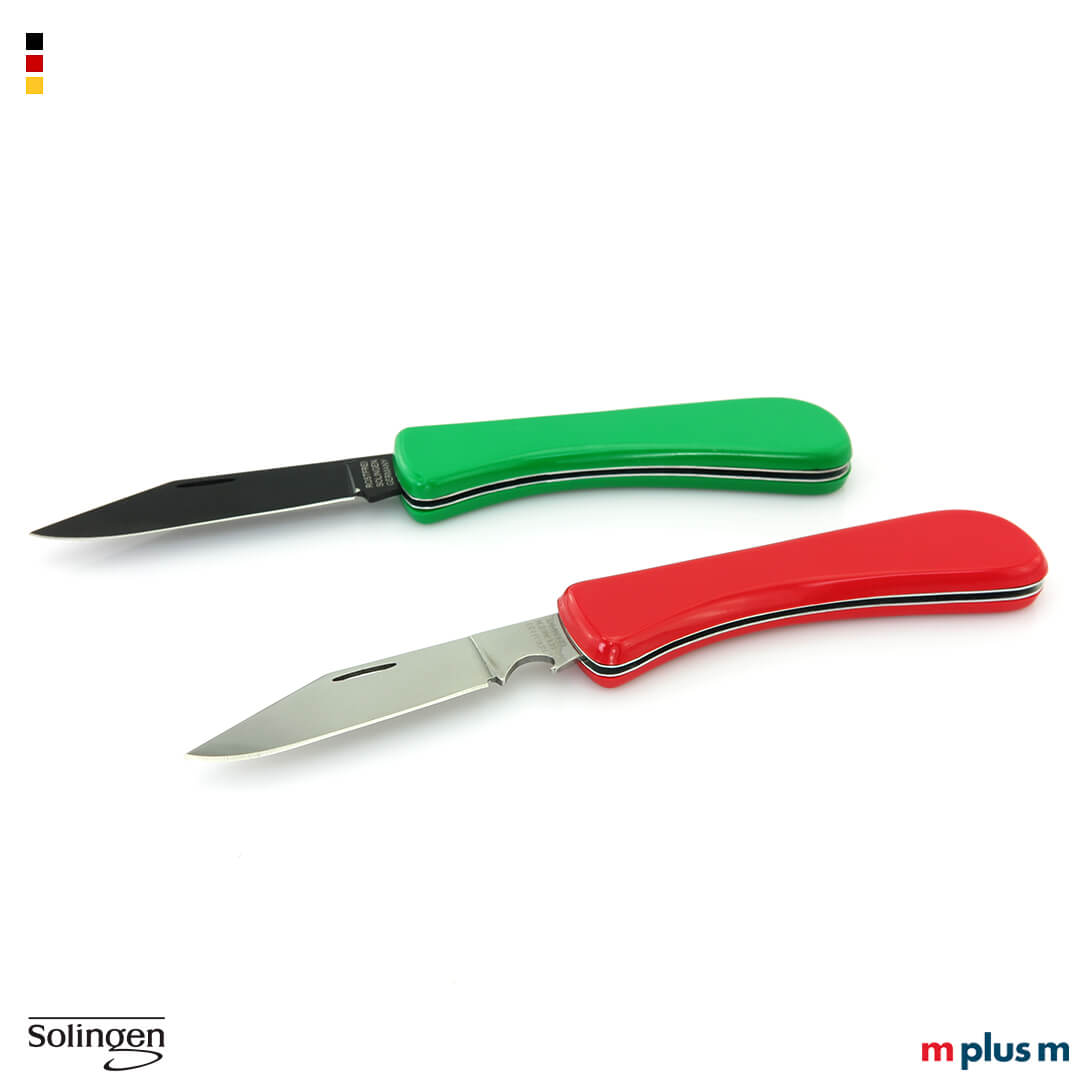 Grün mit Teflon-beschichteter Klinge und Rot mit polierter Klinge und Kapselheber. Das Solinger Taschenmesser als Werbeartikel