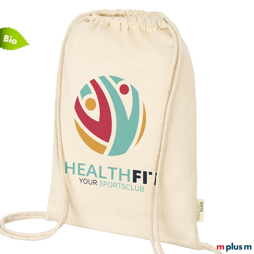 Baumwoll Sportbeutel aus zertifizierter Bio Baumwolle und mit zertifizierter Lieferkette als Werbeartikel mit Logo bedrucken