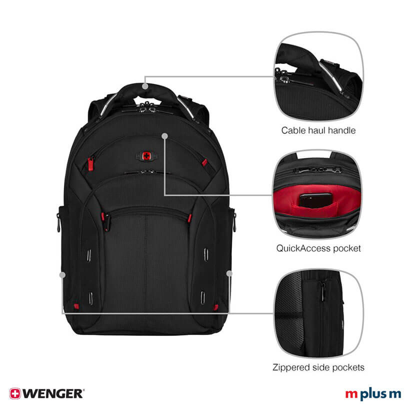 Schwarzer Wenger Gigabyte Rucksack mit Trolleyriemen für komfortables Reisen und stabil verstärktem Griff, hochwertiger Laptoprucksack mit Logo bedrucken