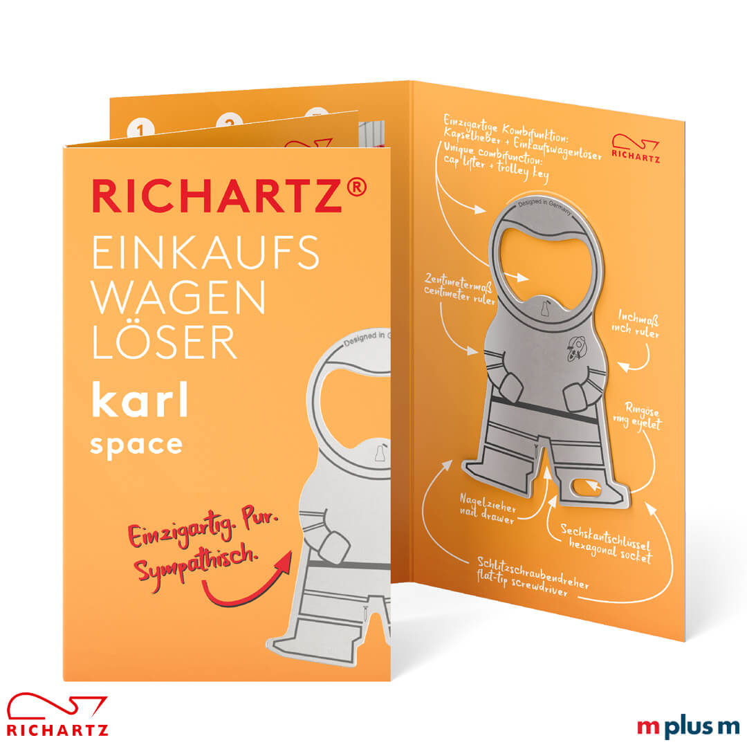 Die Klappkarte mit dem Standardmotiv für den Einkaufswagenlöser karl space. Ab 250 ist auch eine indivduelle Gestaltung der Einzelverpackung möglich