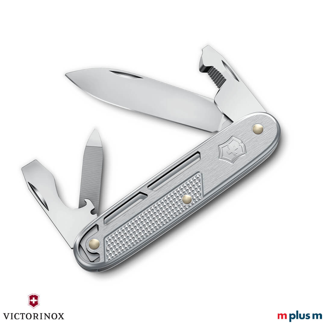 Silbernes Synergy Alox Taschenmesser mit Aluminium-Schalen, Swiss Made Verarbeitung und Gravur möglich