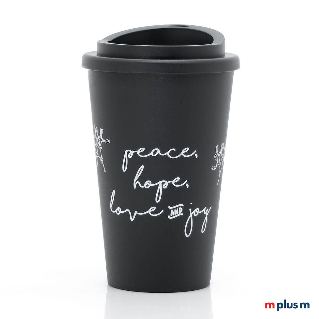 Schwarzer Bio Coffee Shop Thermobecher mit Logo bedrucken, robust, BPA-frei und spülmaschinenfest ab 50 Stück