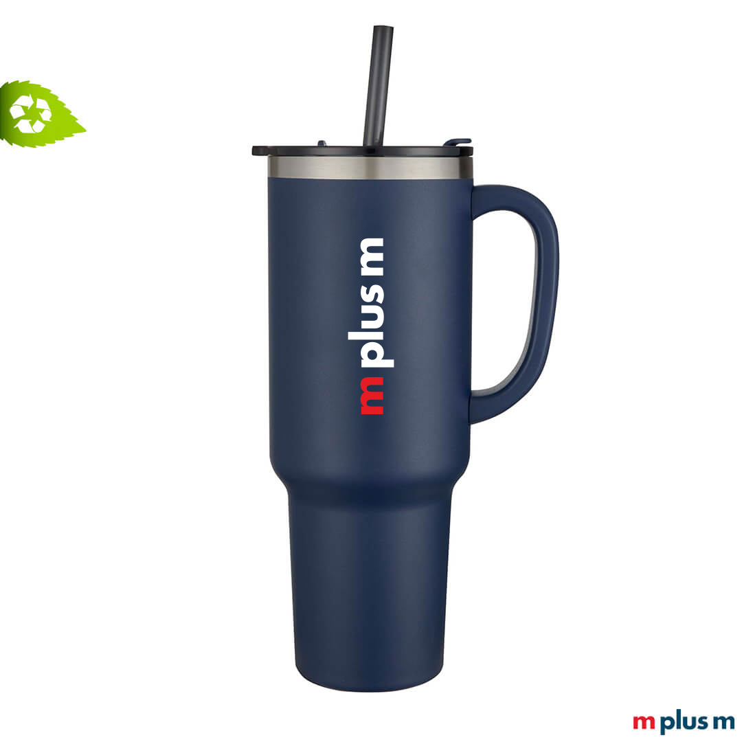 Blauen Thermobecher aus recycling Edelstahl mit Logo bedrucken