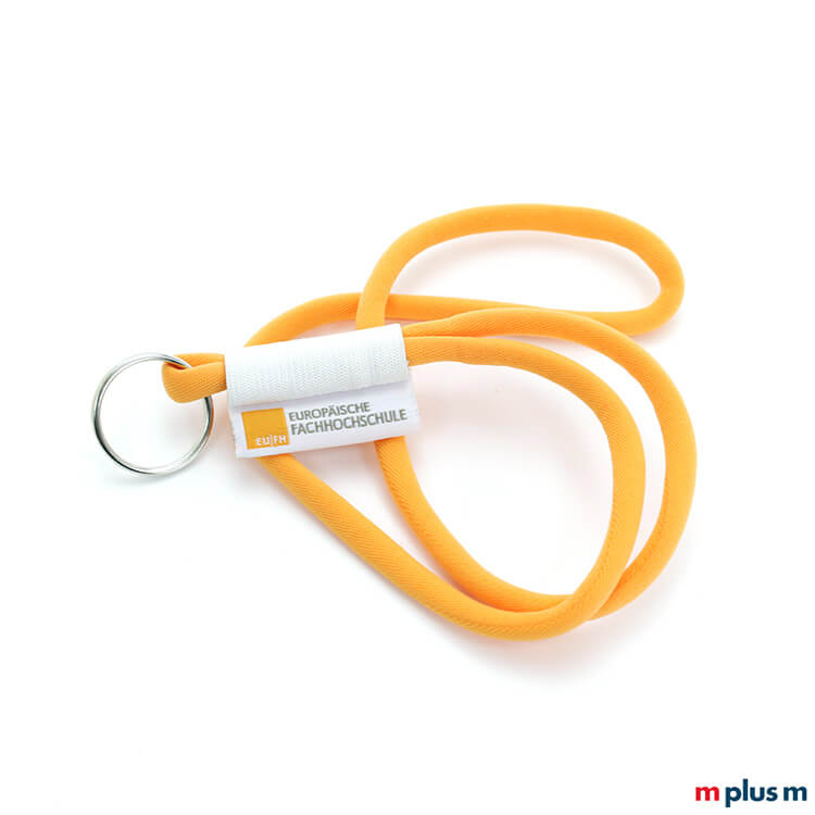 Werbeartikel in Sonderanfertigung: Kordel Schlüsselband in Tube-Ausführung in Farbe Orange mit Logo Einwebung auf Textil Etikett