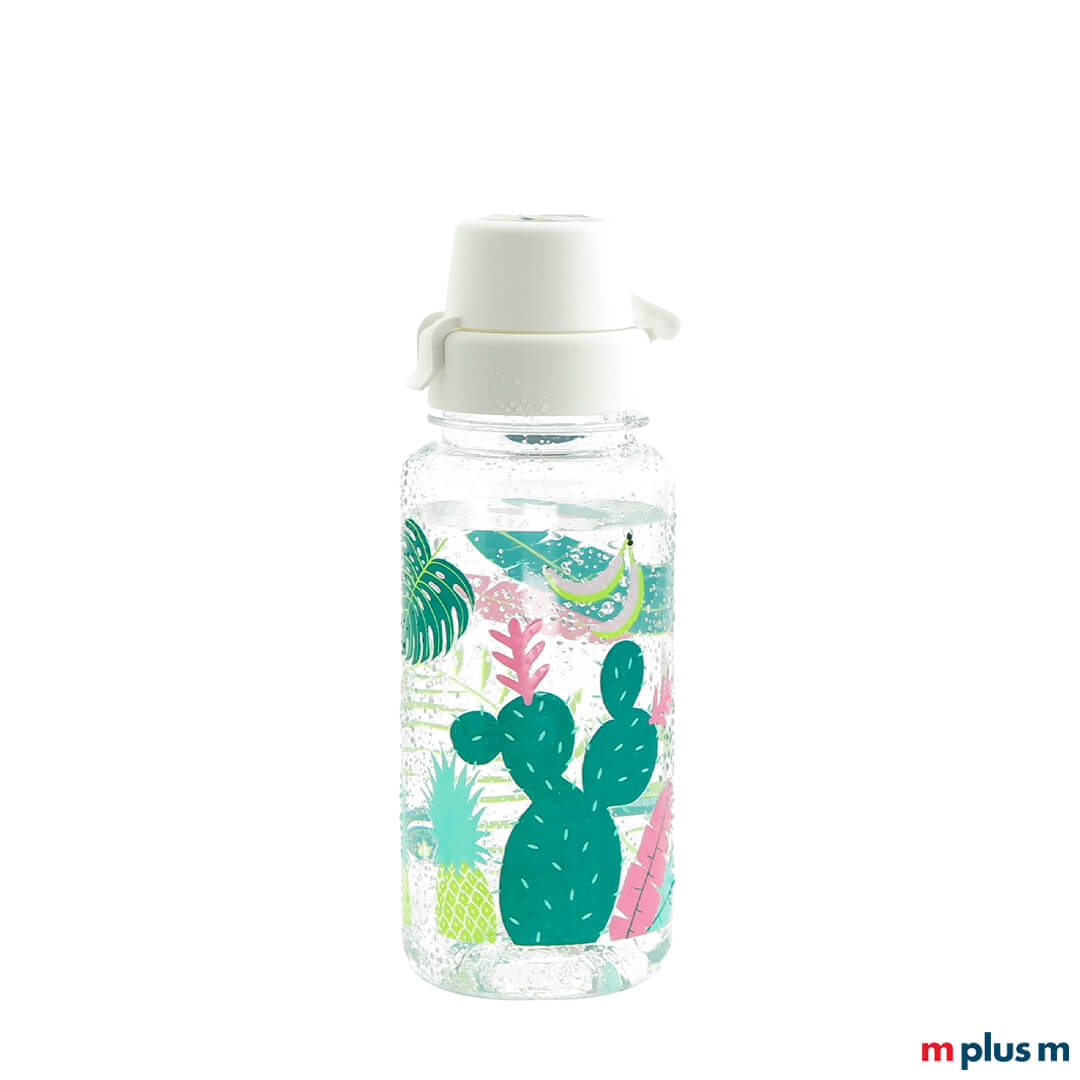 Transparente Trinkflasche mit weißem Deckel aus Tritan mit Logo-Digitaldruck