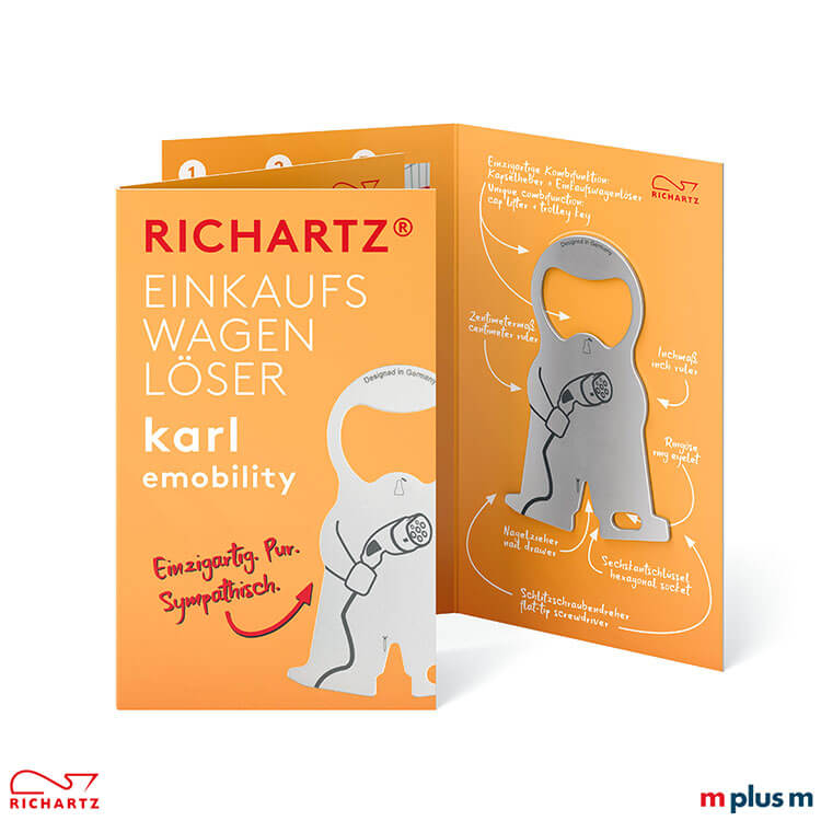 Einkaufswagenlöser und Schlüsselanhänger: karl e mobility in der Klappkarte als hochwertiger und preiswerter Streuartikel