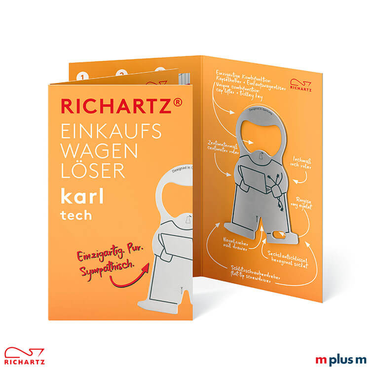 Als Standardmotiv oder auch individuell zu bedrucken: Die Klappkarte beim Einkaufswagenlöser karl tech