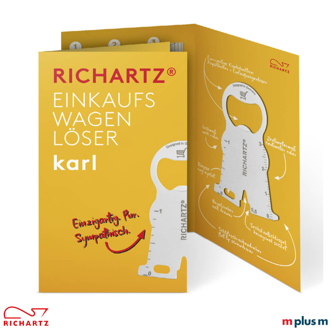 Praktisches Giveaway und auch Mailing-geeignet: Der Einkaufswagenlöser karl mit der gestaltbaren Klappkarte