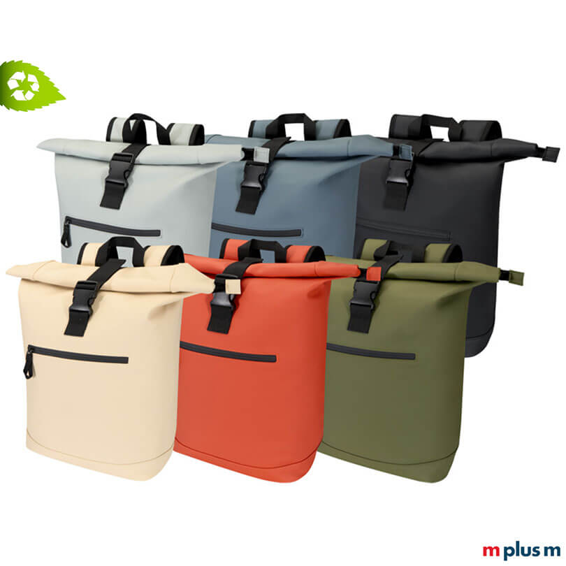 AquaPack Rolltop Laptop-Rucksack aus wasserabweisendem recycling PU-Kunststoff Farbvarianten zum bedrucken
