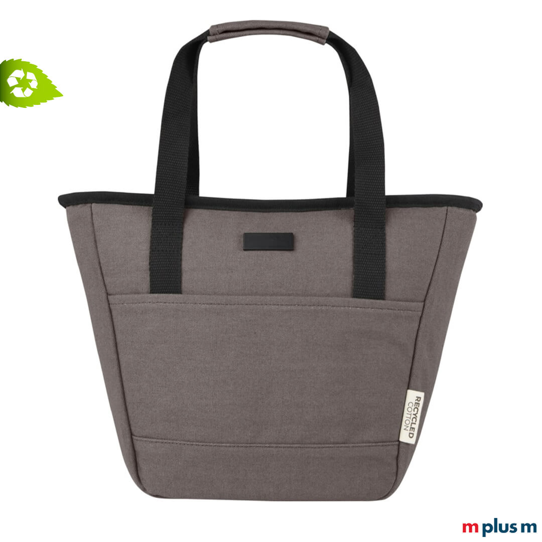 Hochwertige graue Kühltasche aus Recycling Canvas mit Logo Druck als Werbeartikel