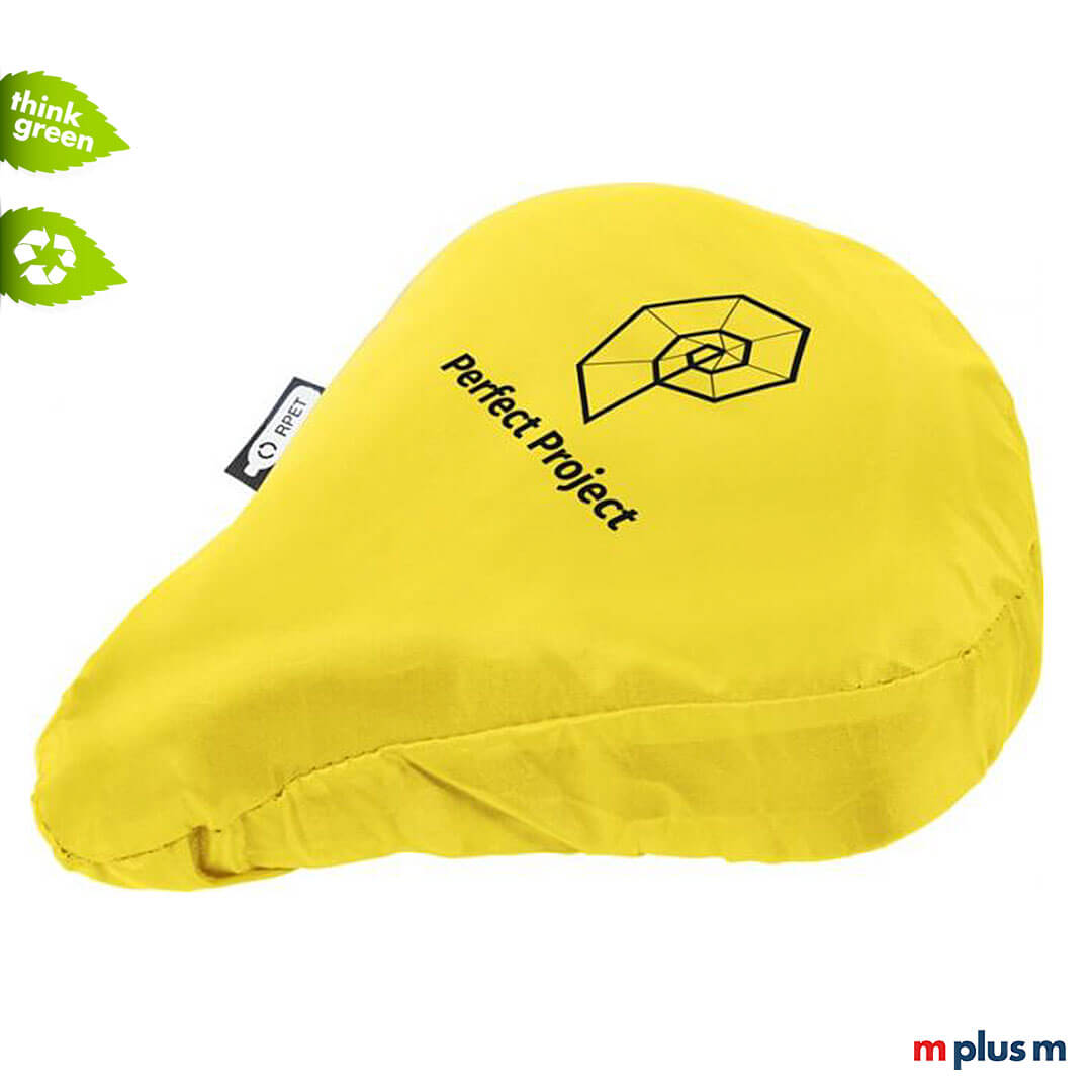 Gelber Sattelschoner aus PET Recycling mit Logo Druck