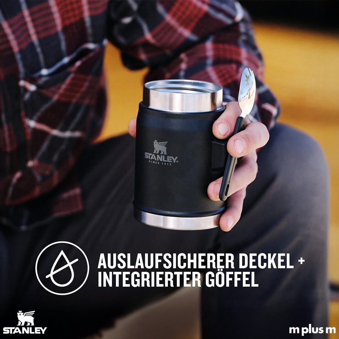 Stanley Edelstahlbehälter in Schwarz mit Göffel – individuell bedruckbar