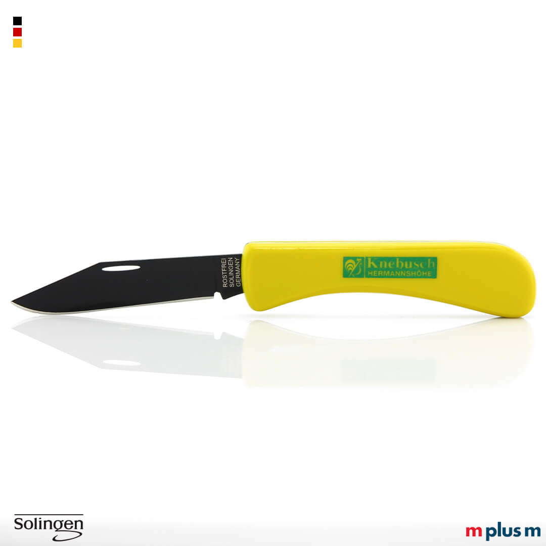 Solinger Taschrnmesser in Gelb mit mattierten Schalen und Logo Druck als Werbeartikel aus Deutschland
