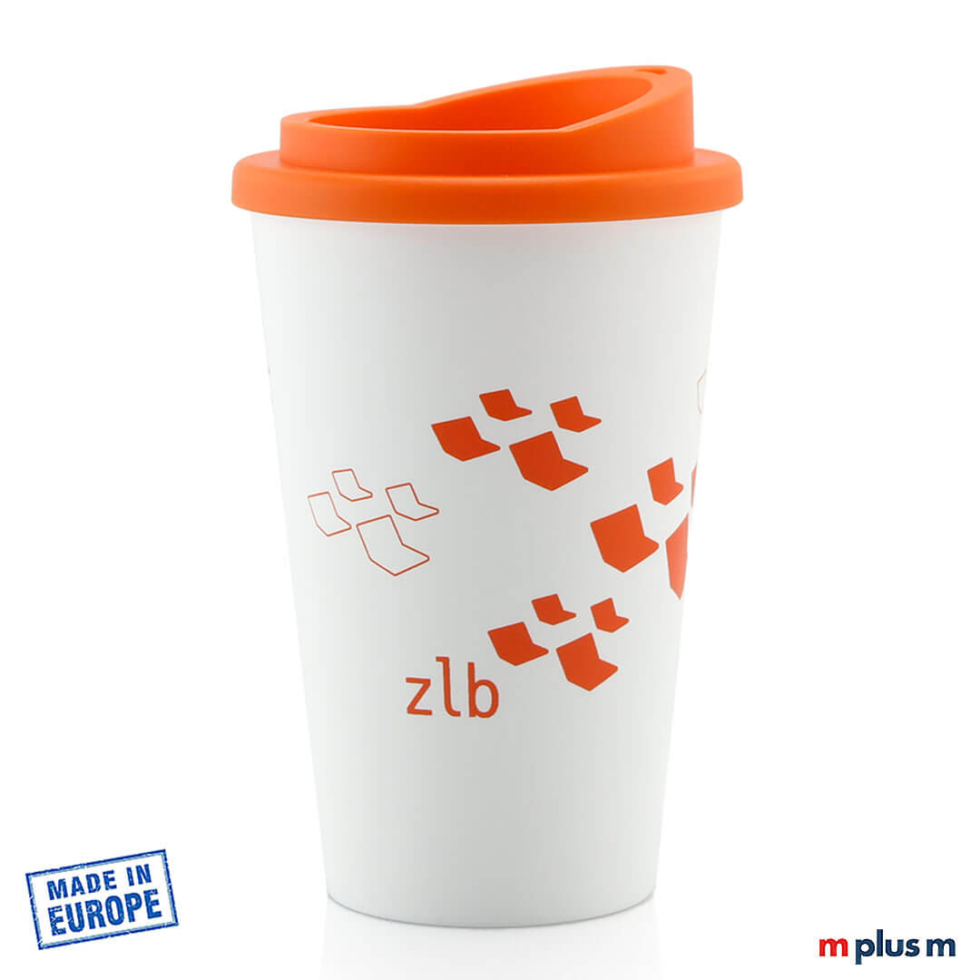 Classic Coffee Shop Becher weiß aus PP, spülmaschinengeeignet und recycelbar, langlebiger Mehrwegbecher mit Logo Druck personalisieren