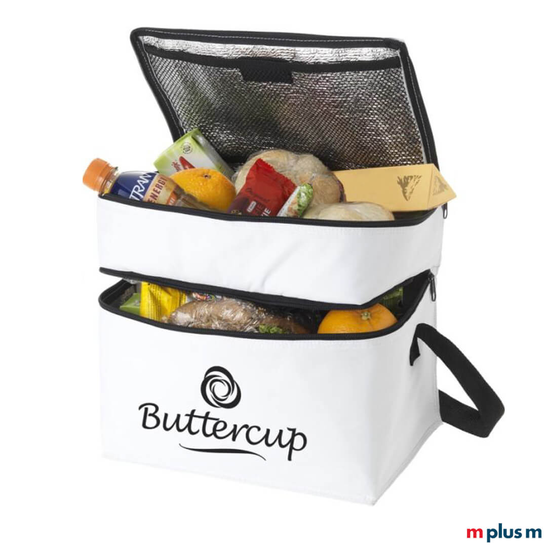 Weiße Picknicktasche zum verschenken mit Logo Druck