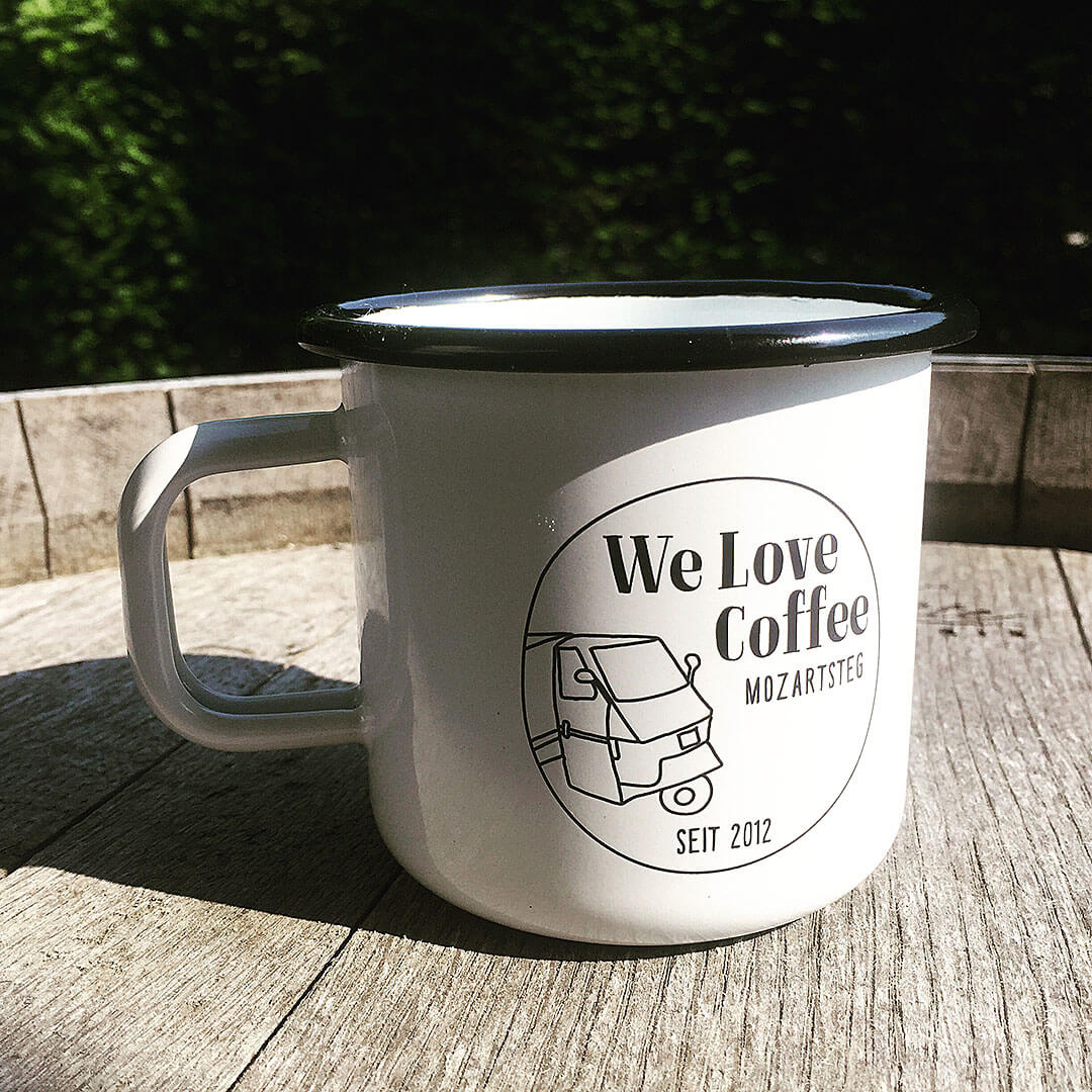 Emaille Tasse Pax aus Europa mit 1 Druck. Spülmaschinengeeignet