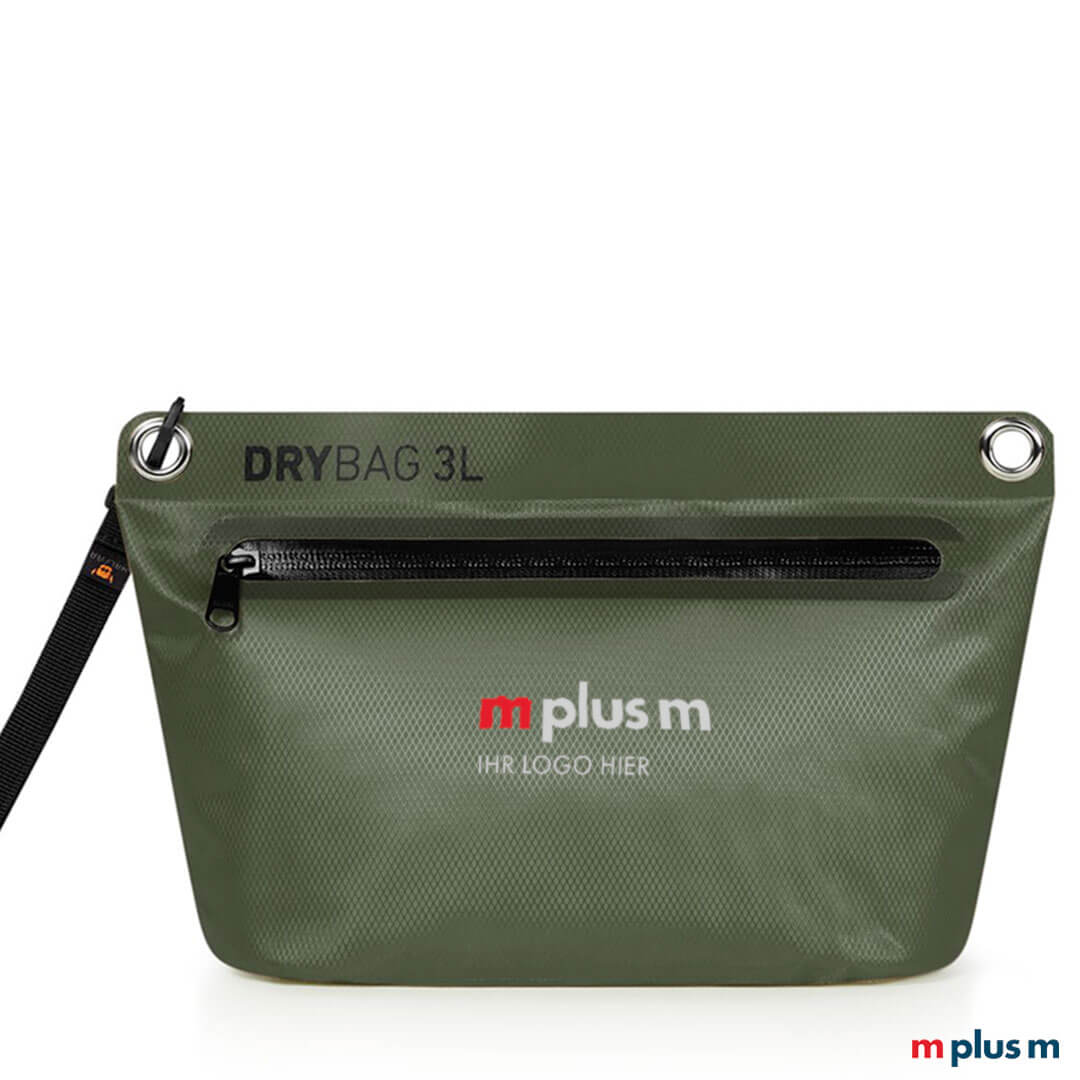 Utensilientasche Drybag M  in Farbe Oliv mit Logo Druck