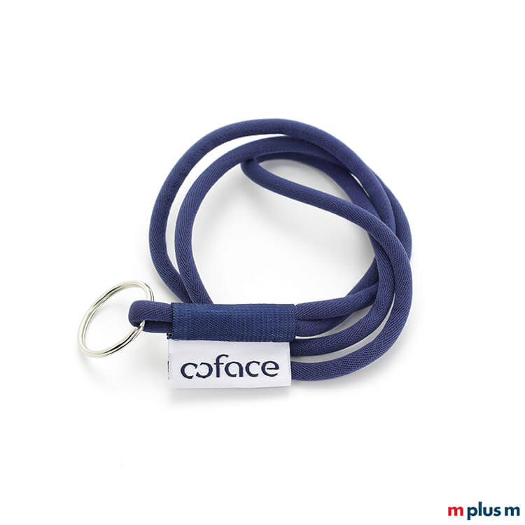 Blaues Kordel Lanyard in Tube Webung  in Wunschfarbe nach Pantone mit Logo Fahne und Schlüsselring