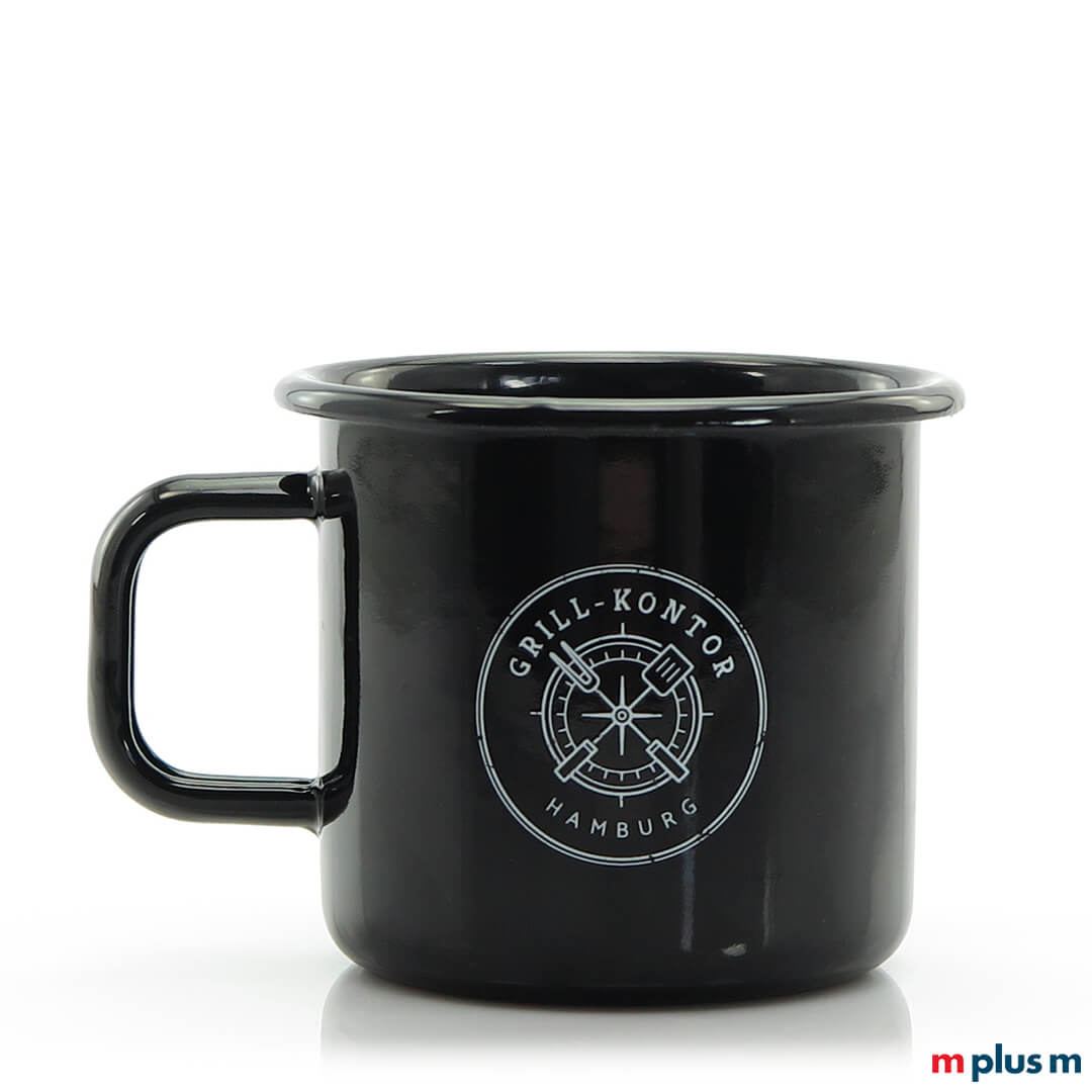 Schwarze Emaille Tassen mit spülmaschinenfestem Logo Druck