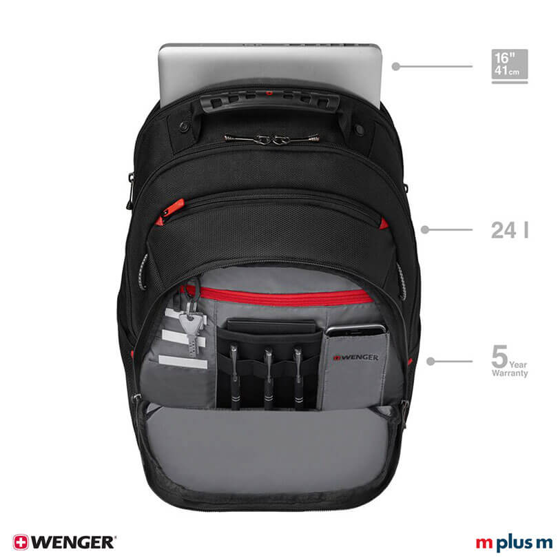 Wenger Legacy Laptop Rucksack schwarz mit Triple Protect Fach für sicheren Geräteschutz, moderner Businessrucksack hochwertig mit Logo Druck personalisieren