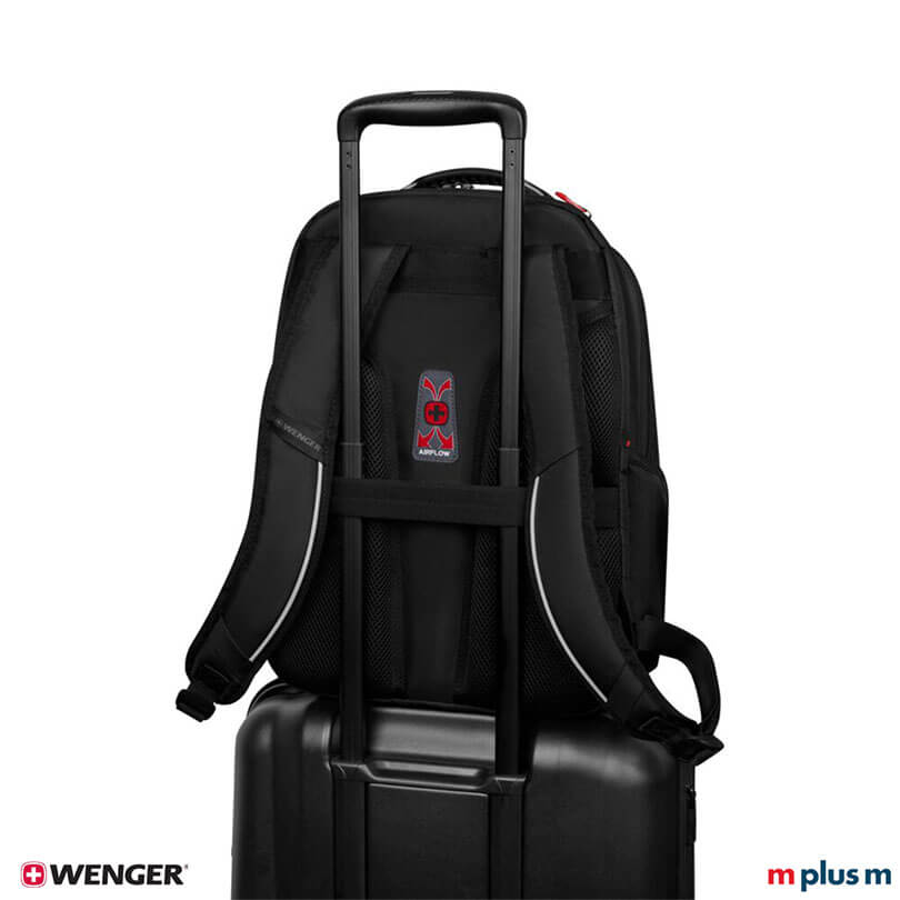 Schwarzer Wenger Altair Rucksack mit Trolley-Befestigungsgurt und viel Stauraum, ideal für Geschäftsreisen und Alltag, funktional mit Logo Druck