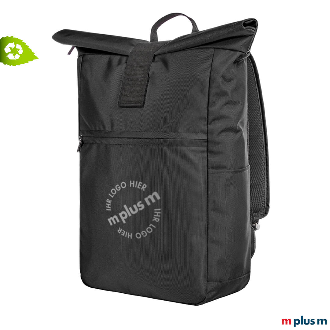 Daily Laptoprucksack schwarz bedruckt mit Logo als nachhaltiges Werbegeschenk