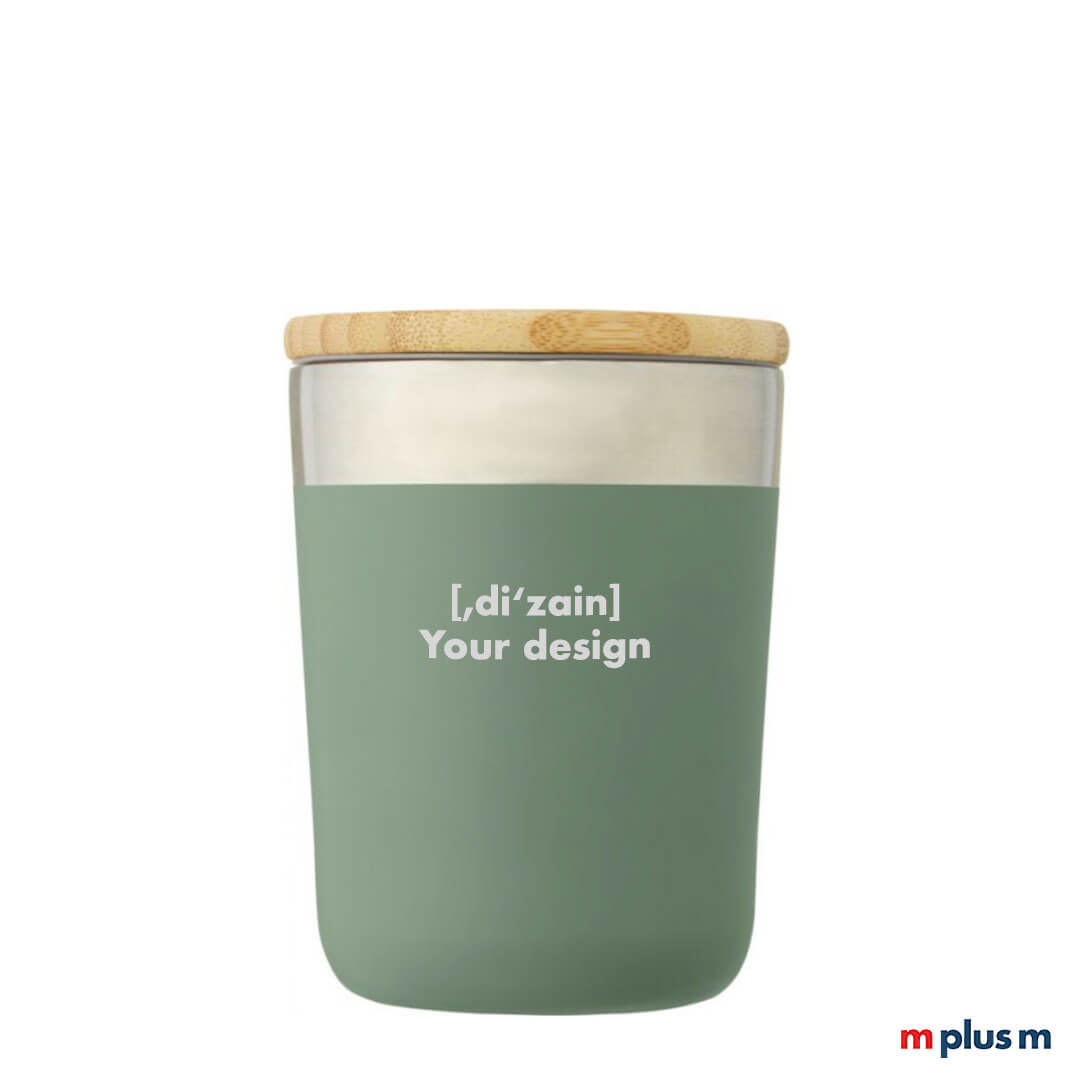Lagan Thermobecher grün aus Edelstahl mit Bio-Holzdeckel, doppelwandig isoliert und BPA-frei, langlebiger Werbebecher modern mit Logo Druck personalisieren