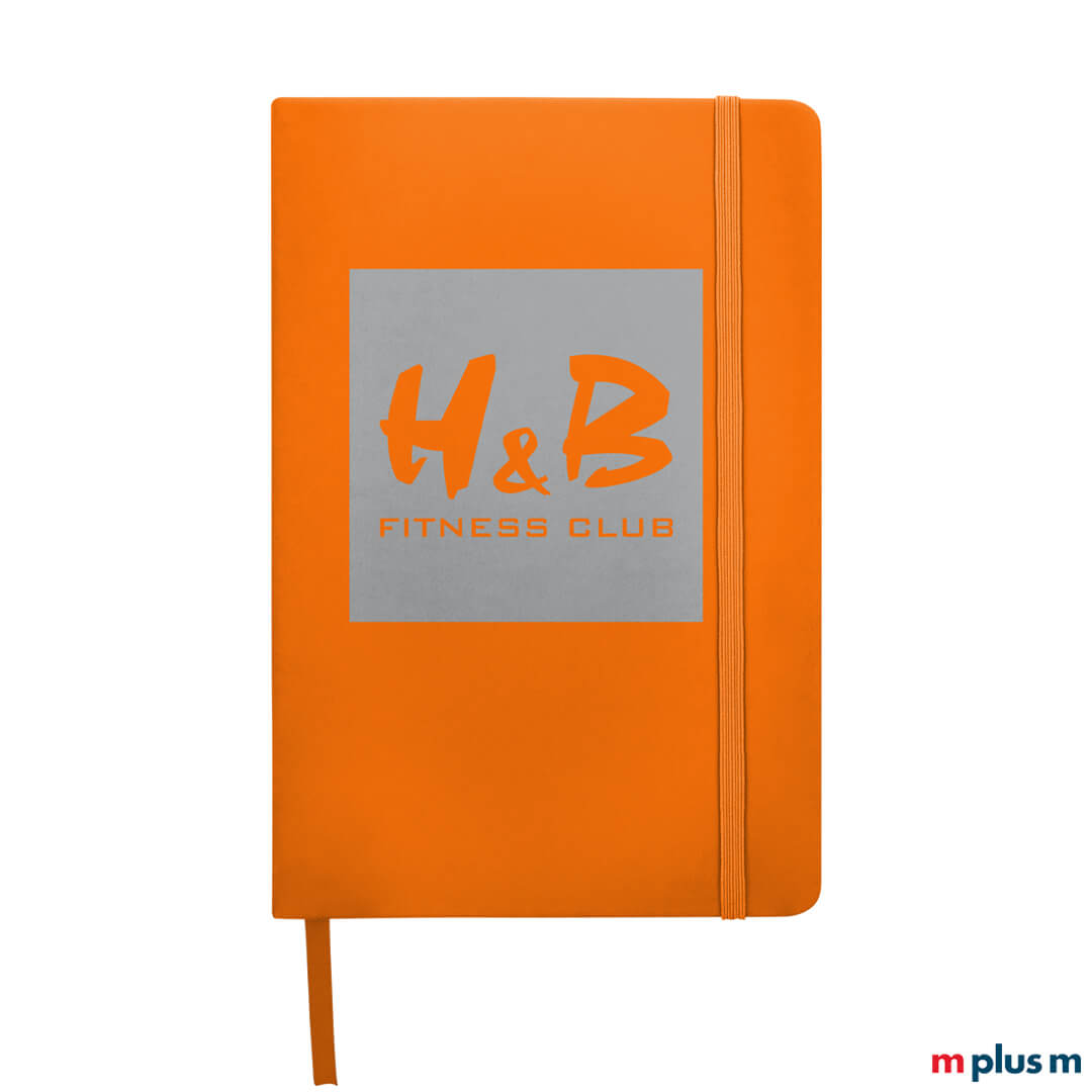A5 Notizbuch mit Logo bedruckt mit 96 Seiten, Stiftschlaufe und Leseband, in Orange