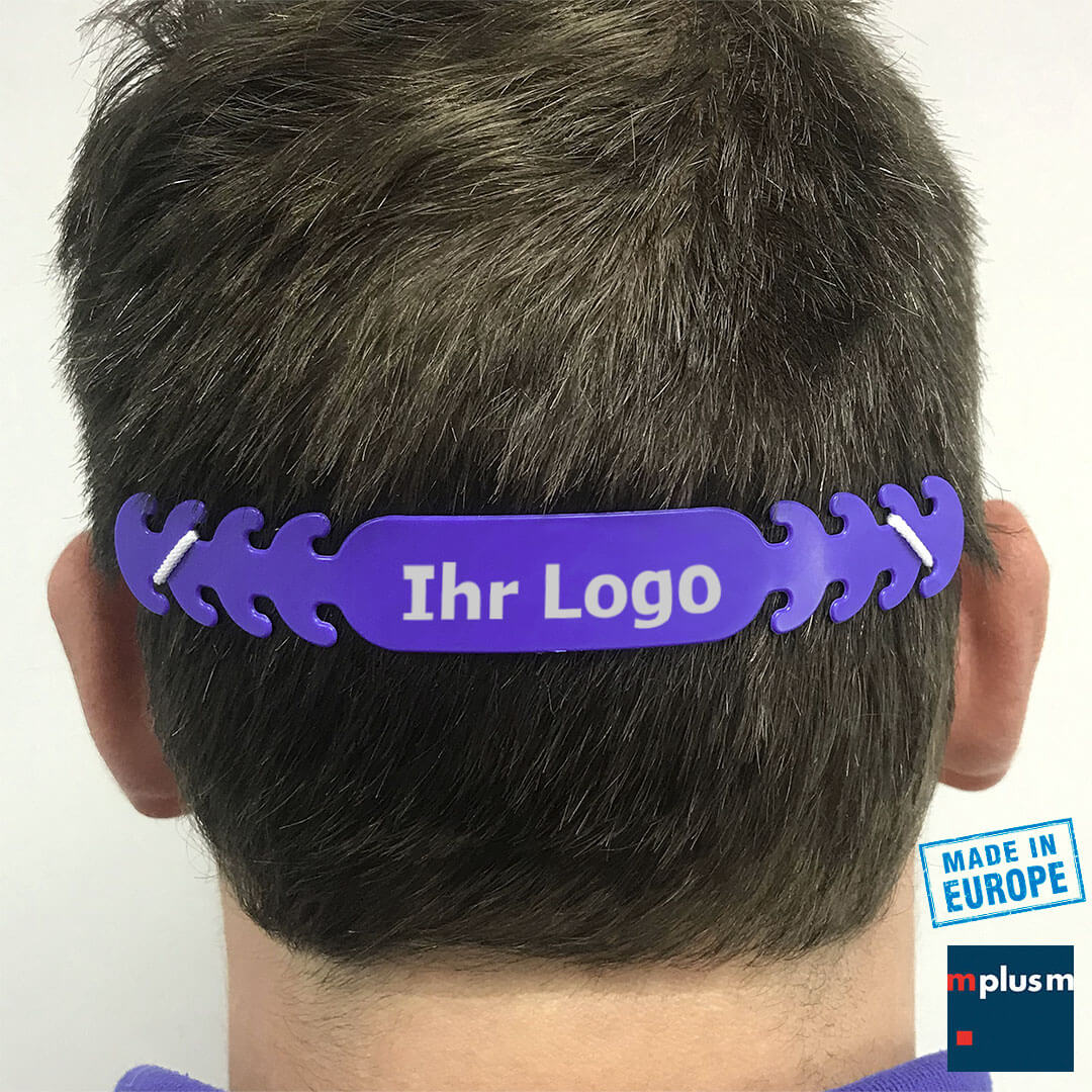 Größenverstellung für die Gesichtsmaske oder den Mundschutz. Maskenhalter Clever-Clip aus europa und mit Logo zu bedrucken.