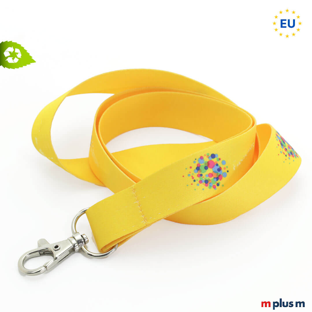 In Wunschfarbe komplett bedrucken: Vollfarbig bedrucktes Schlüsselband Lanyard aus PET Flaschen recycling Material. Aus der EU und preiswert!