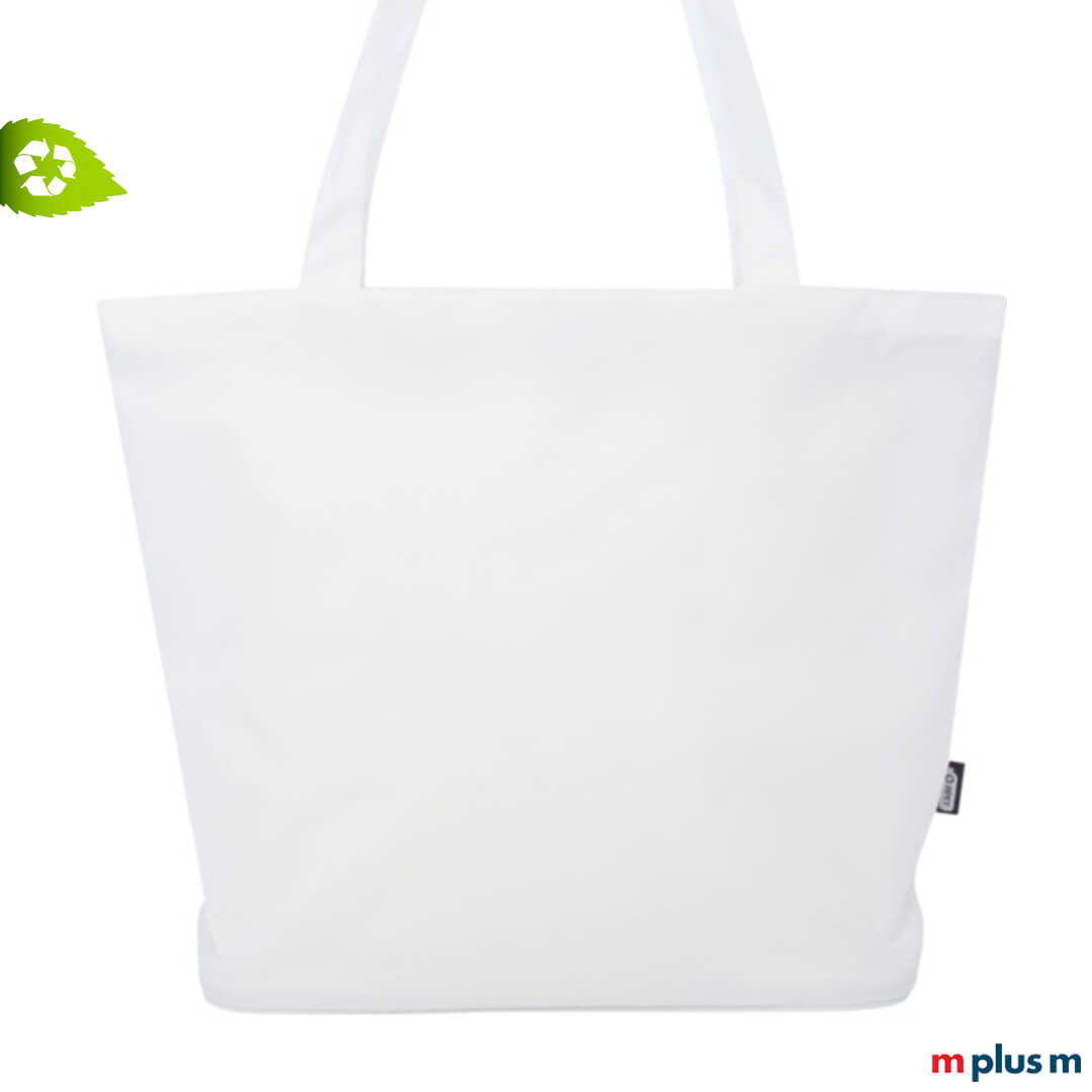 Weißer Shopper aus recycling Material mit Logodruck als nachhaltiges Werbegeschenk