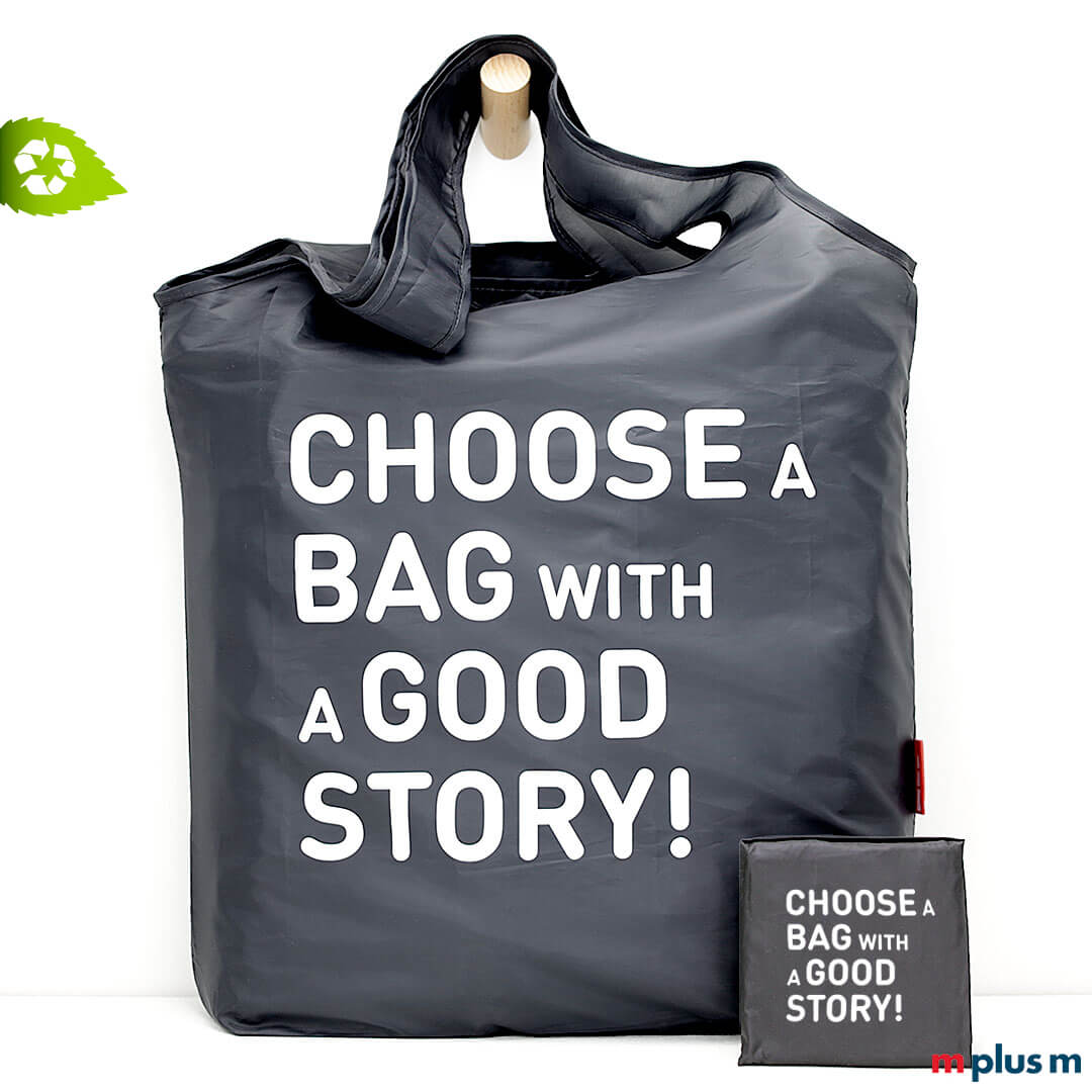 Schwarze Recycling Shopper Falttasche mit Logo bedrucken