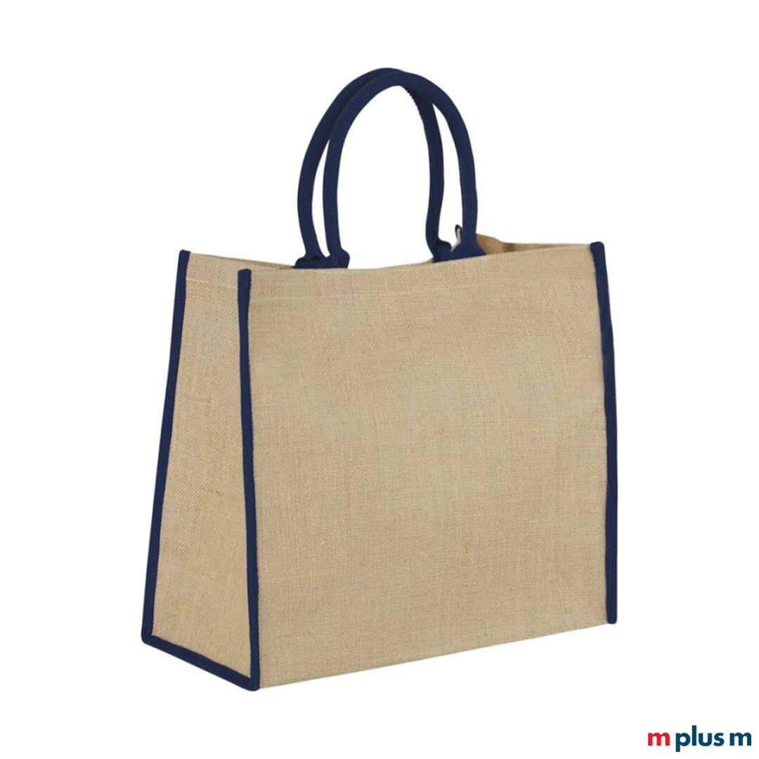 Blaue Jute Einkaufstasche als nachhaltiges Werbemittel bedrucken