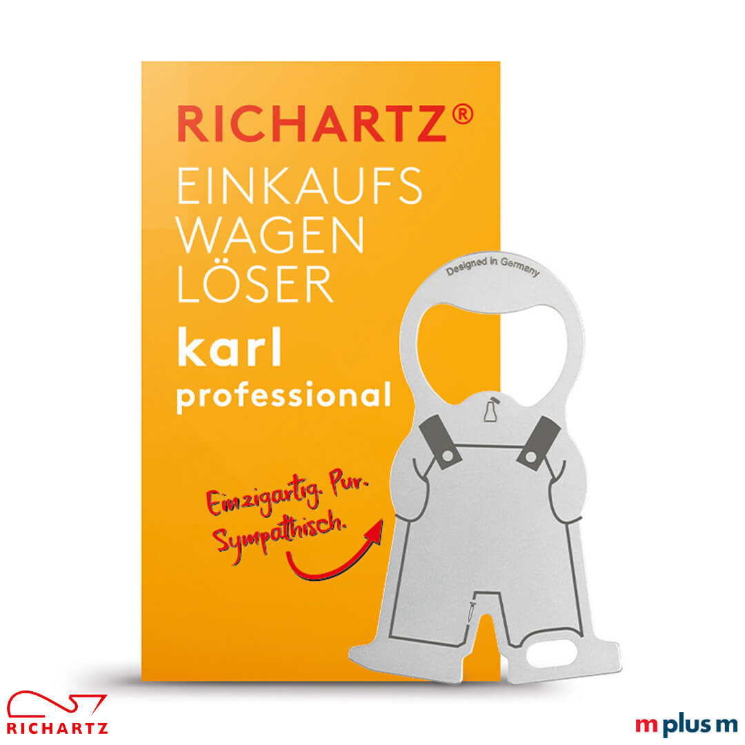 Die Klappkarte als Einzelverpackung für den Einkaufswagenlöser karl professional als Streuartikel