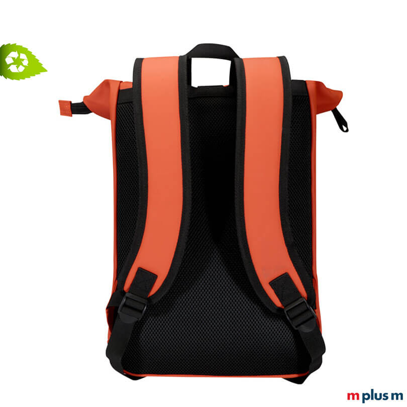 Rückseite des AquaPack Rolltop Rucksacks mit gepolstertem Rückenpanel und Schultergurten