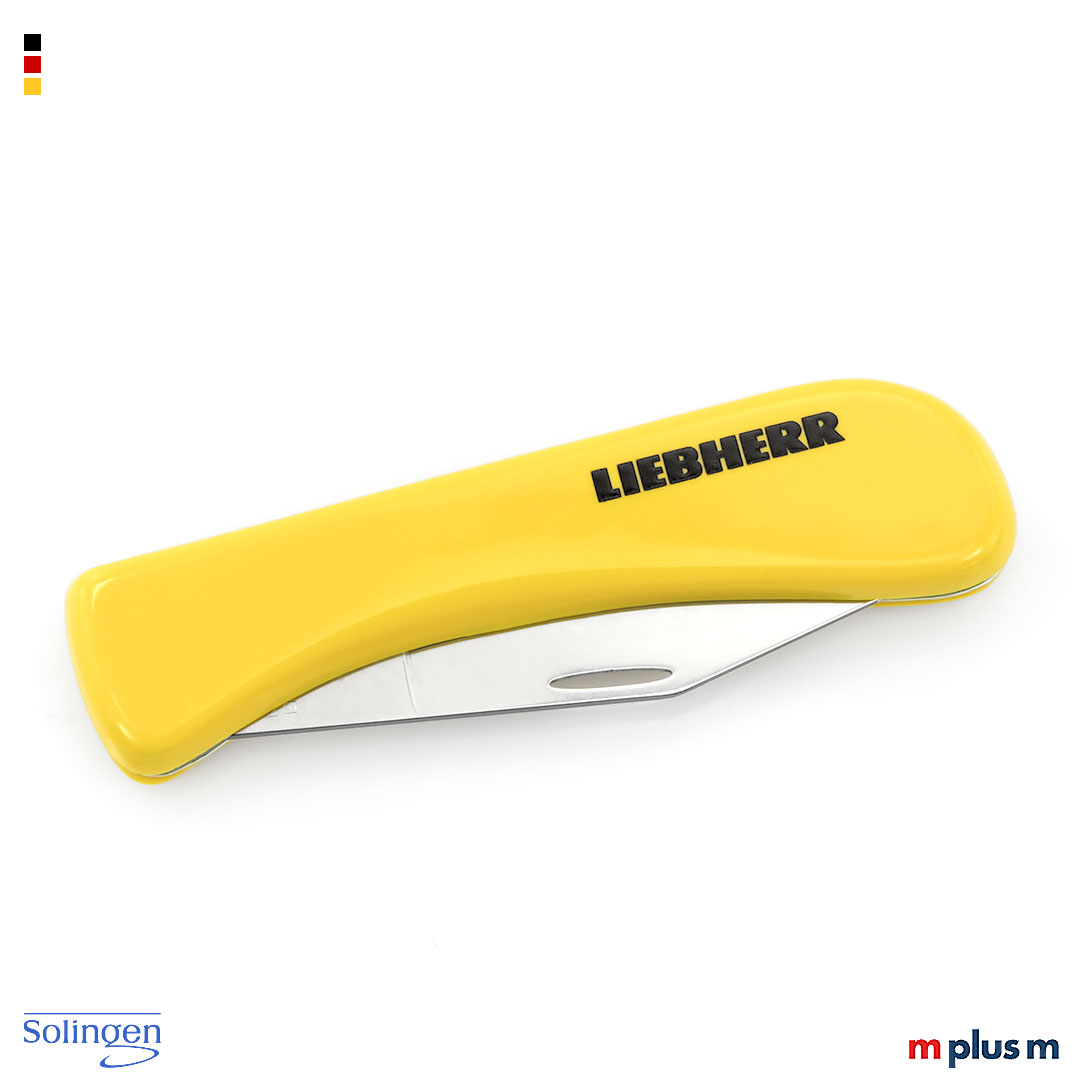 Gelbes Liebherr Taschenmesser mit großer superscharfer Klinge Als Werbeartikel 'Made in Germany'