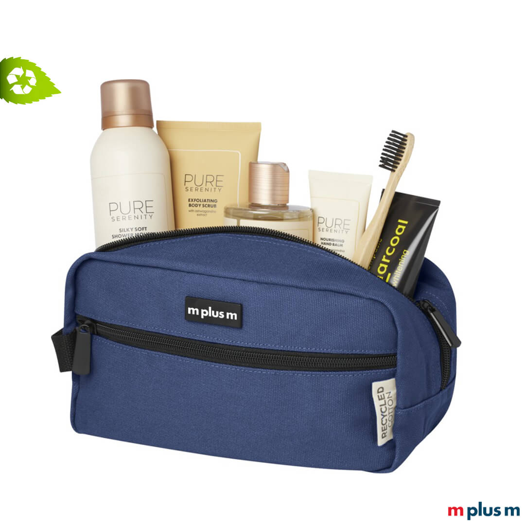 Kosmetikbeutel in blau mit Logo bedrucken