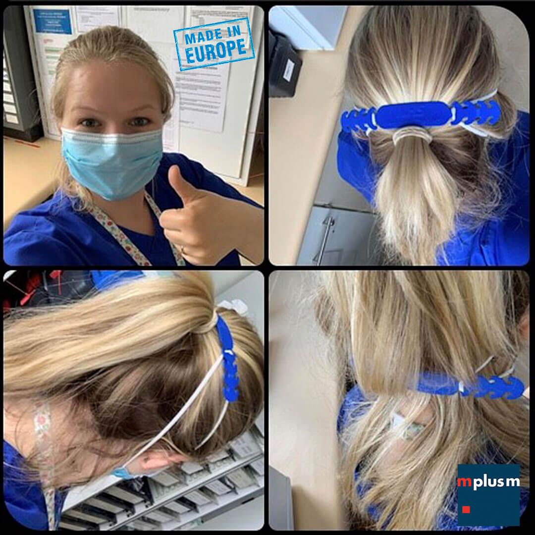 Mundschutz sicher und komfortabel hinter dem Kopf befestigen mit Maskenhalter Clever Clip. Werbeartikel für Krankenhaus und Pflege