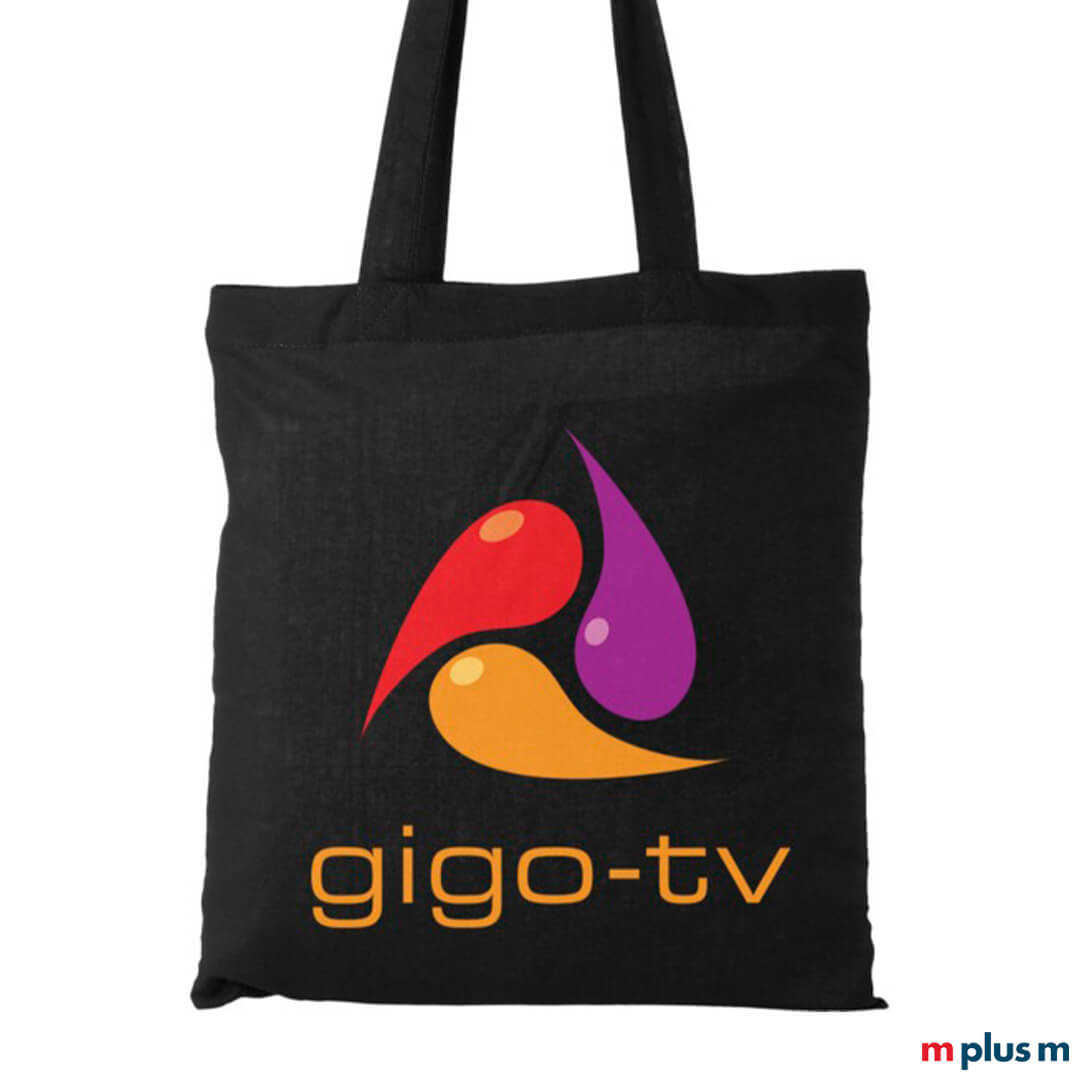 Schwarze Baumwolltasche als Werbemittel mit Logo-Druck
