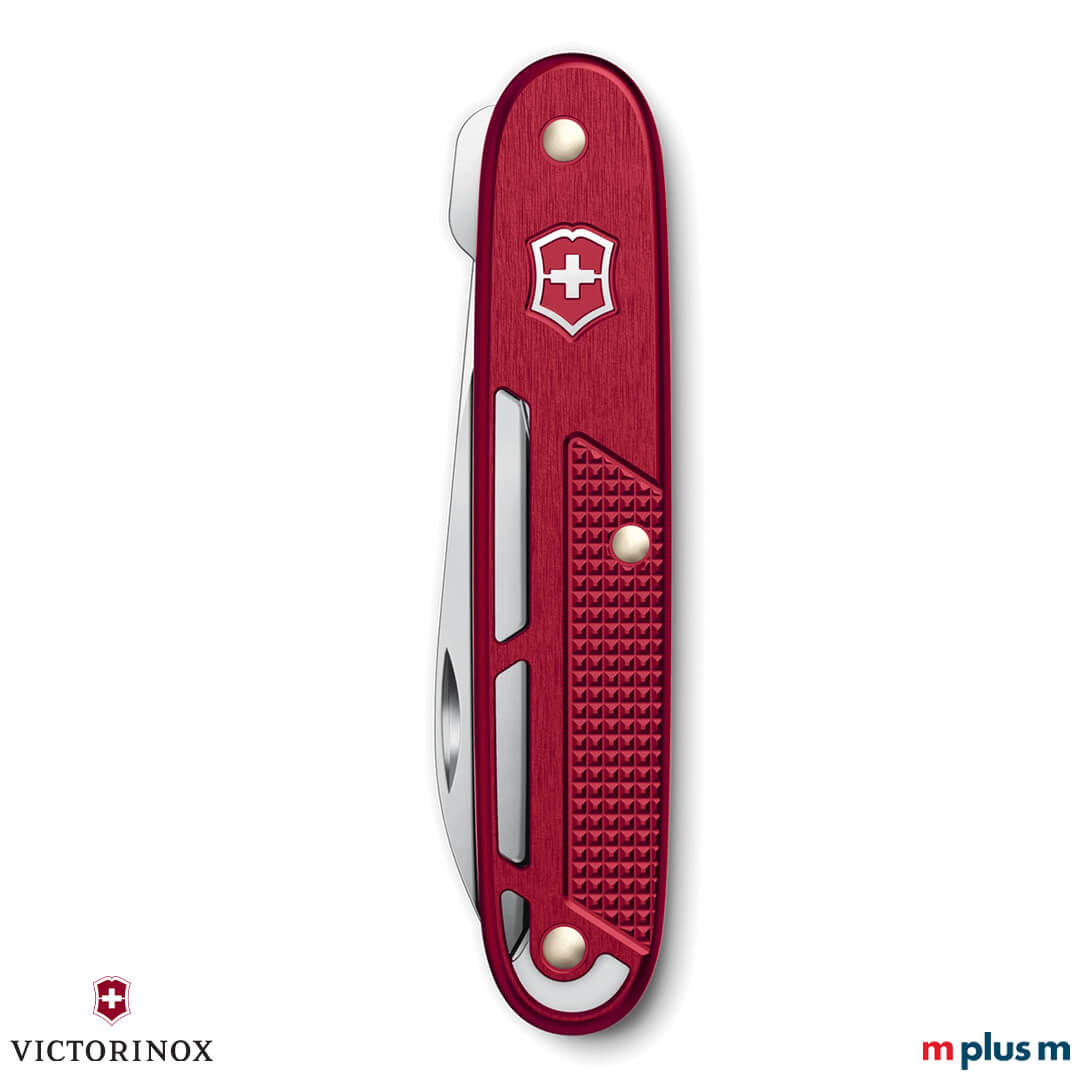 Rotes Onefold Alox Taschenmesser geschlossen mit strukturierten Aluminium-Schalen und Swiss Made Verarbeitung